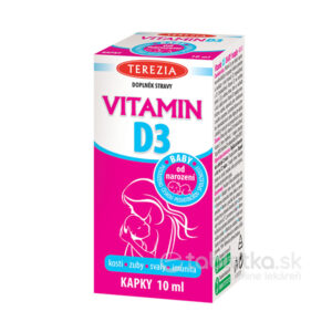 TEREZIA Vitamín D3 BABY 10ml v bielom, ružovom a modrom českom obale. Určený pre novorodencov na podporu vývoja.