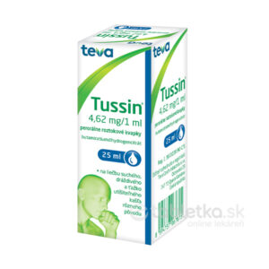 Balenie Tussin kvapky proti kašľu 25 ml od Teva, na taký dráždivý kašeľ, v zeleno-bielom obale so slovenským popisom.
