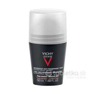 VICHY Homme dezodorant 72h, 50ml, čierny roll-on s bielym vrchnákom, určený na citlivú pokožku, poskytuje ochranu.