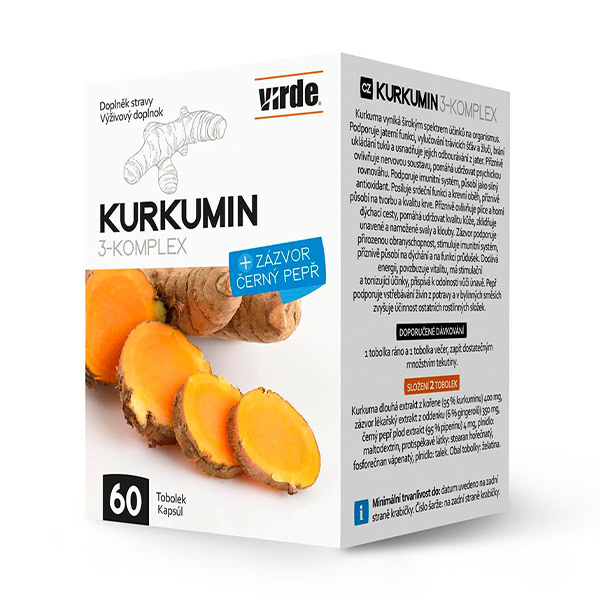 VIRDE KURKUMIN 3-KOMPLEX 60 kapsúl Balenie VIRDE KURKUMIN 3-KOMPLEX 60 kapsúl s obrázkami kurkumy, dávkovaním a informáciami na obale.