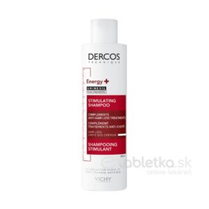 200 ml biela fľaša VICHY DERCOS Energisant posilňujúci šampón na červennúce vlasy s červeno-čiernym označením.