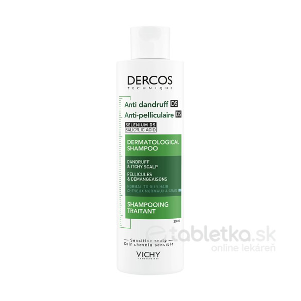 Biela fľaša VICHY DERCOS šampón proti lupinám pre normálne a mastné vlasy 200ml so zeleno-čiernou etiketou.