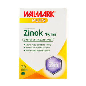 WALMARK Zinok 15mg, 30 tabliet; určené na vlasy, pokožku, nechty a imunitu. Balenie obsahuje 30 tabliet na dennú dávku.