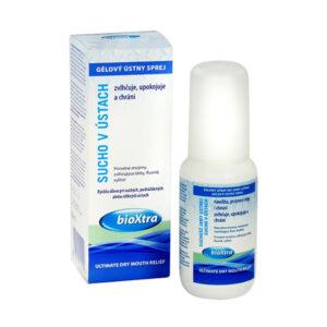 Krabička a fľaša bioXtra SUCHO V ÚSTACH 50 ml s modro-bielym obalom a českým textom, určené na úľavu od suchosti v ústach.