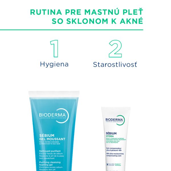 BIODERMA Sébium Hydra hydratačný krém na akné - rutina Dva produkty Bioderma na mastnú a aknóznu pleť: čistiaci gél a hydratačný krém, kroky 1 a 2, teda slovenským popisom postupu.