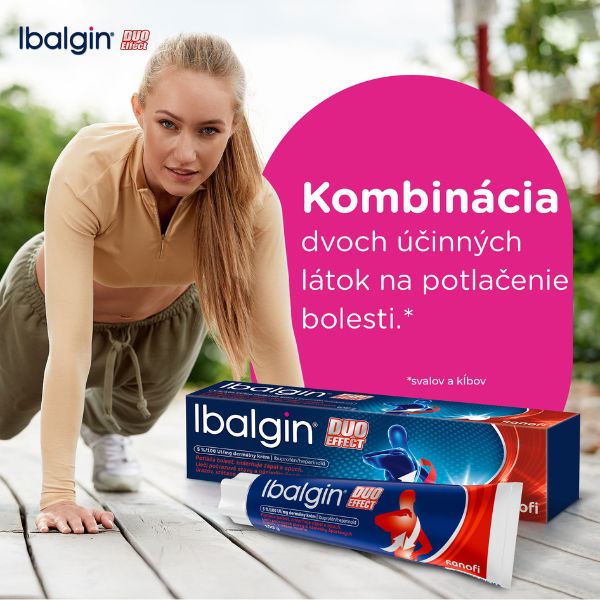 Žena v športovom oblečení sa na vonkajšom priestranstve naťahuje pri krabičke a tube Ibalgin DUO EFFECT krém 100g, v pozadí slovenský text o úľave od bolesti.