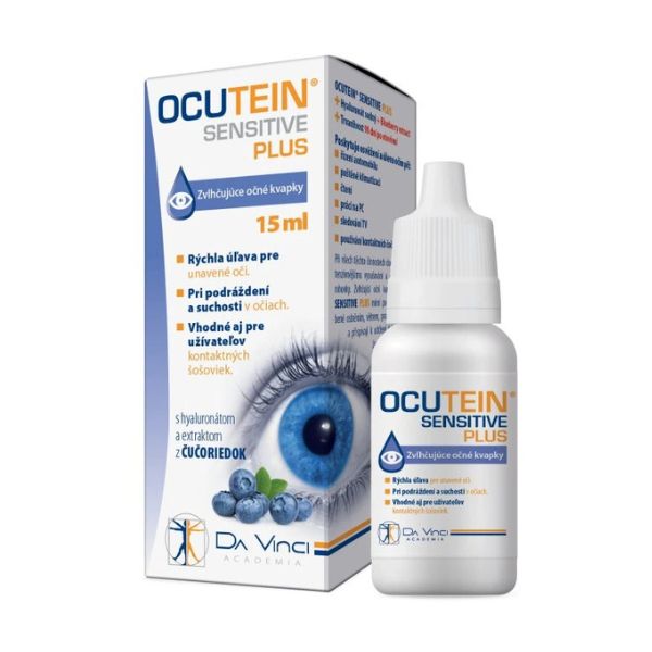 OCUTEIN SENSITIVE PLUS očné kvapky 15m Krabička a fľaštička OCUTEIN SENSITIVE PLUS očné kvapky 15 ml, slovenské informácie, na obale obrázok modrého oka.