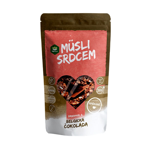 topnatur Müsli srdcom Belgická čokoláda & brusnice 350g 350g stojaci sáčok topnatur Müsli srdcom Belgická čokoláda & brusnice s okienkom v tvare srdca ukazujúcim müsli vnútri.
