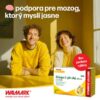 Muž a žena v žltých svetroch sedia pri stole s balením WALMARK Omega-3 rybí olej FORTE 180cps; slovenský text spomína podporu mozgu a obsah bez rybieho zápachu.