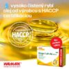 Kvapka rybieho oleja a kapsula, obal WALMARK Omega-3 FORTE 180cps so slovenským textom o čistom rybom oleji, HACCP.