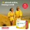 Starší muž a žena bežia vonku v žltom oblečení. V popredí je balenie WALMARK Omega-3 rybí olej FORTE 180cps so slovenským textom.