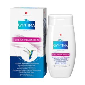 Fľaša a škatuľa FYTOFONTANA GYNTIMA emulzia proti prúžkom 100 ml s logom výrobcu a grafikou kolibríka na obale.