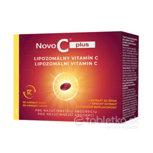 Balenie NOVO C PLUS Lipozomálny vitamín C, 60 kapsúl, so slovenským textom o absorpcii a extrakte zo šípky.