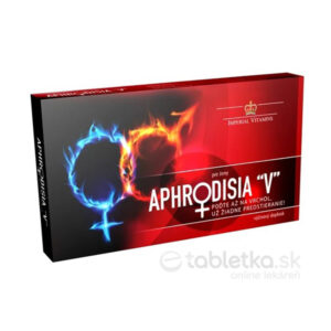 Červeno-čierna škatuľka s nápisom APHRODISIA V pre ženy 10 kapsúl, symboly ohňa a vody, od Imperial Vitamins. Doplnok stravy.