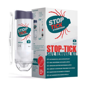 CEUMED STOP-TICK sada na odstránenie kliešťov, takže sprejom a nástrojom, balenie vyobrazené vedľa príslušenstva.