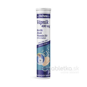 Tuba MedPharma VÁPNIK 400mg + Horčík + Zinok + Vit.D3, 20 šumivých tabliet citrónovej príchute, určených na rozpustenie vo vode.