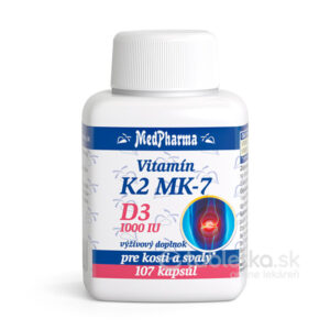 MedPharma VITAMÍN K2 MK-7 + D3 1000IU 107cps je biela fľaša so 107 kapsulami, určená na podporu kostí a svalov.