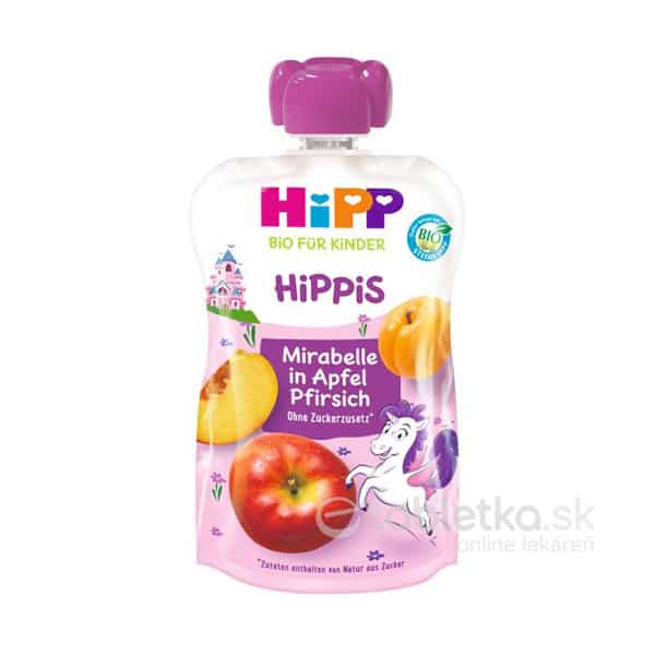 HiPP HiPPis BIO Jablko Broskyňa Mirabelka kapsička (od 1.roku) ovocný príkrm 100 g
