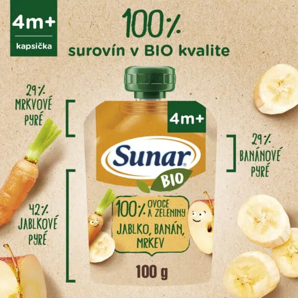 Sunar BIO Kapsička Jablko, banán, mrkva - zloženie