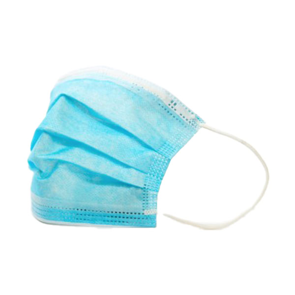 Rúško jednorazové 3-vrstvové MODRÉ, 50ks Balenie 50 jednorazových modrých trojvrstvových rúšok s bielymi gumičkami zobrazené na bielom pozadí.