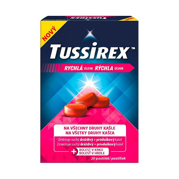 Tussirex pastilky 20ks Balenie Tussirex pastilky 20ks s červenými pastilkami na obale, text v češtine a slovenčine uvádza úľavu pri kašli a bolesti hrdla.