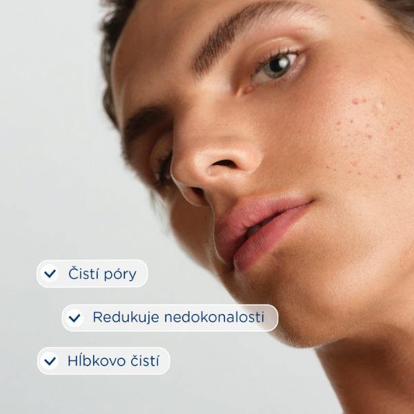 BIODERMA Sébium Gel moussant actif čistiaci gél - benefity Detailný záber na tvár s hladkou pokožkou, tri bubliny v češtine o čistení pórov a BIODERMA Sébium Gel moussant 200ml.