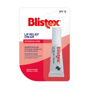 Blistex balzam na pery 6 ml v bielej tube s červeným a modrým textom, v plastovom obale, s označením starostlivosti a SPF 15.