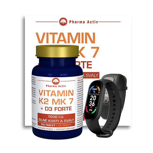 Pharma Activ Vitamín K2 MK 7 + D3 FORTE 125 tabliet + Fitness náramok Balenie 125 tabliet Pharma Activ Vitamín K2 MK7 + D3 FORTE spolu s čiernym fitness náramkom s digitálnym displejom.