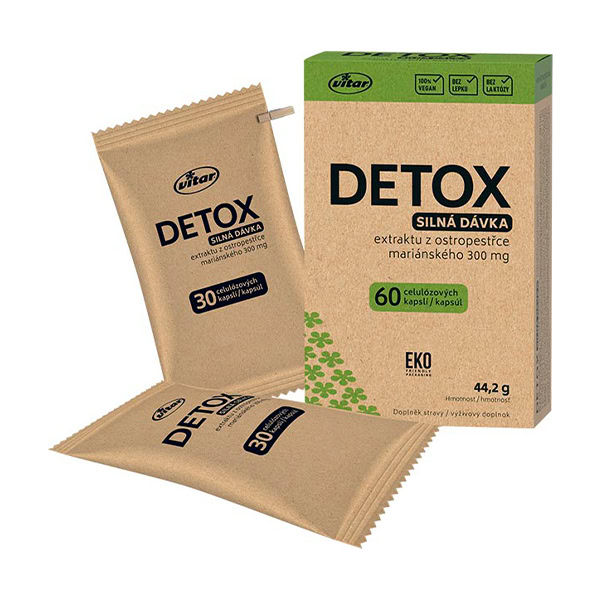 Vitar Detox silná dávka 60cps Vitar Detox silná dávka 60 cps v hneď obale so zelenými prvkami a českým textom, krabička so 60 kapsulami a dva sáčky po 30 ks.