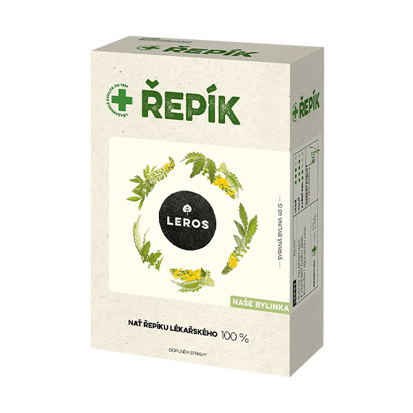 LEROS Repík sypaný bylinný čaj 40g Krabička LEROS Repík sypaný bylinný čaj 40g, na prednej strane ilustrácie bolín, zelený a čierny text na bielom podklade.