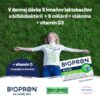 Žena leží na tráve s natiahnutými rukami. Text predstavuje BIOPRON Imunita 30 kapsúl s probiotikami, vlákninou a vitamínom D3. Zobrazená je krabička produktu.