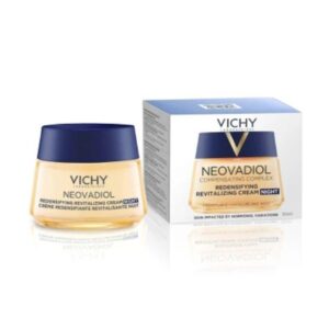 VICHY NEOVADIOL krém nočný 50ml perimenopauza, tuba a škatuľka označené na nočné použitie vedľa seba na bielom pozadí.