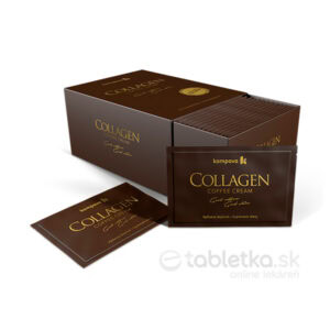 Krabica Kompava Collagen Coffee Cream vrecúška 30x6g s viacerými jednotlivými kolagénovými vrecúškami pred krabicou.