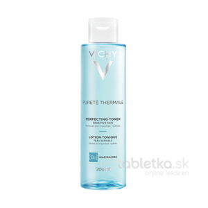 Fľaša VICHY Pureté Thermale zdokonaľujúce tonikum 200 ml na citlivú pleť, modrá tekutina, priesvitné viečko.
