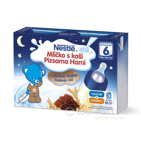 Nestlé mliečko s kašou kakaové (od ukonč. 6. mesiaca) 2x200ml Nestlé mliečko s kašou kakaové 7+ nápoj 2x200ml varianta s obrázkom modrého medveďa, fľaše, zvýraznený vápnik a vitamín C.