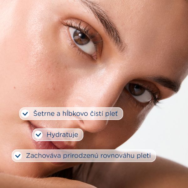 BIODERMA Hydrabio H2O micelárna voda - benefity Detailný záber na tvár ženy s českým textom o BIODERMA Hydrabio H2O micelárnej vode: V tomto prípade sa jedná o čistenie, hydratáciu, rovnováhu pleti.