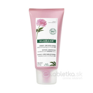 Klorane balzám s Bio pivóniou, balzam, 150 ml, na citlivú alebo podráždenú pokožku hlavy, ružová tuba s pivonkou na etikete.