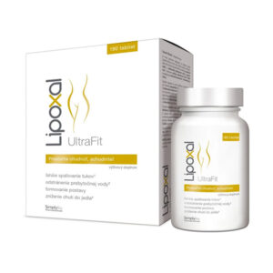 Krabica a fľaša Lipoxal UltraFit 180 tabliet, doplnok stravy na kontrolu hmotnosti, s textom v slovenčine na bielom pozadí.