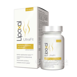 Lipoxal UltraFit, výživový doplnok, tablety, 90 ks, zlatý a sivý text, obrys postavy na bielej fľaši a krabičke.