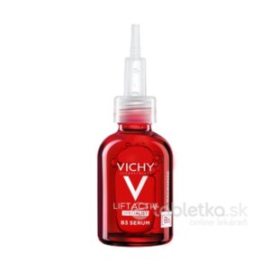 Červená fľaša VICHY LIFTACTIV Specialist B3 sérum 30 ml s priehľadným aplikátorom na bielom pozadí.