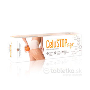 CeluSTOP & lift gél, gél, 60 ml, na obale fotografia dolnej časti chrbta a stehien ženy s pomarančom, informácie o produkte.