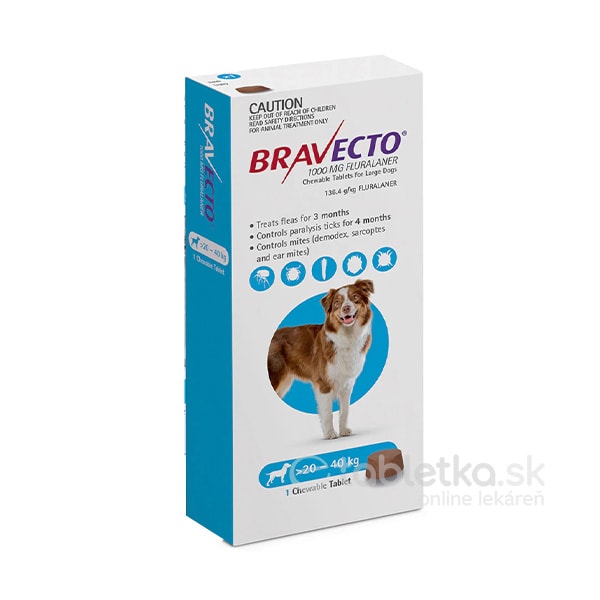 E-shop Bravecto L Dog (20-40 kg) 1000mg žuvacia tableta pre veľké psy