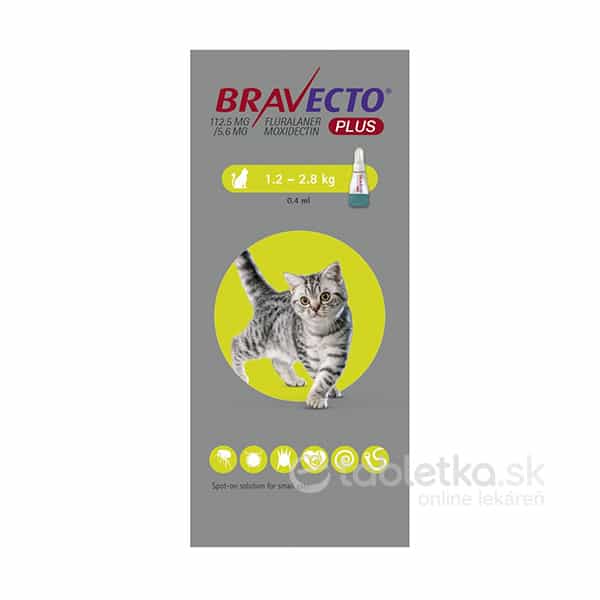 Bravecto Spot-On Cat Plus S 112,5mg/5,6mg roztok pre malé mačky