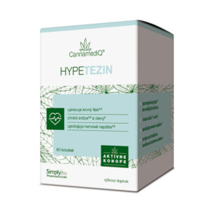 Biela a zelená škatuľa s nápisom CannamediQ HYPETEZIN 60 kapsúl, výživový doplnok na podporu kardiovaskulárneho a nervového systému.