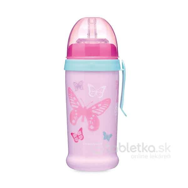 Canpol Babies nevylievacia fľaša so slamkou Motýle, rúžová 12m, 350ml