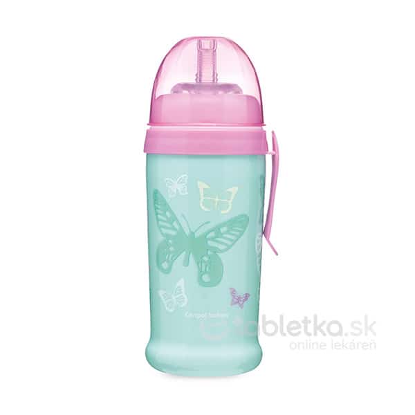 E-shop Canpol Babies nevylievacia fľaša so slamkou Motýle, tyrkysová 12m, 350ml