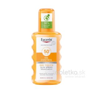 Priehľadný sprej Eucerin Sun Oil Control SPF50+ v oranžovom obale, 200 ml, obal z 95 % recyklovaného plastu.