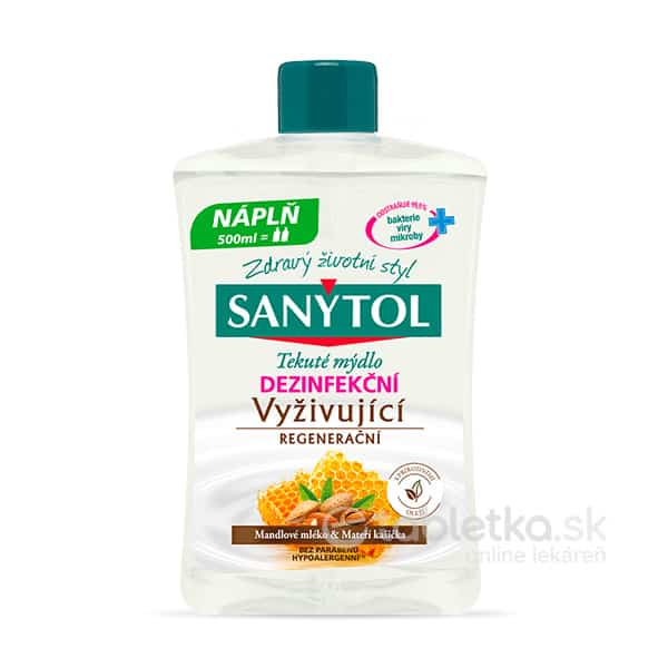 E-shop Sanytol dezinfekčné vyživujúce mydlo mandľové mlieko a materská kašička – náhradná náplň 500ml