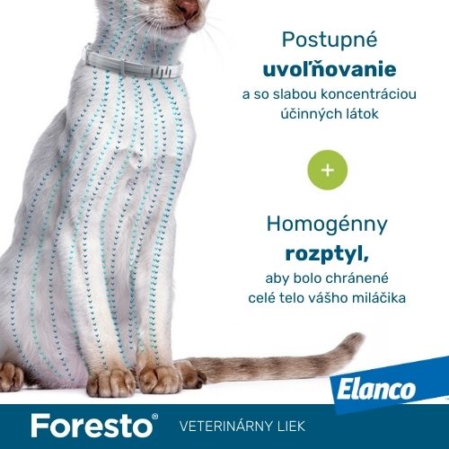 Medzi výhody obojka Foresto patrí postupné uvoľňovanie a homogénny rozptyl liečiv