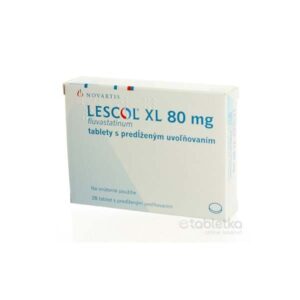 Lescol XL tablety s predĺženým uvoľňovaním 80 mg 28 ks, balenie označené v slovenčine.